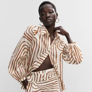 Mango Puffed Sleeve Printed Shirt. XS. Brown and Ecru.